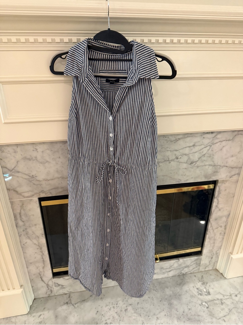DREW Navy and White Striped Sleeveless Maxi Shirt Dress